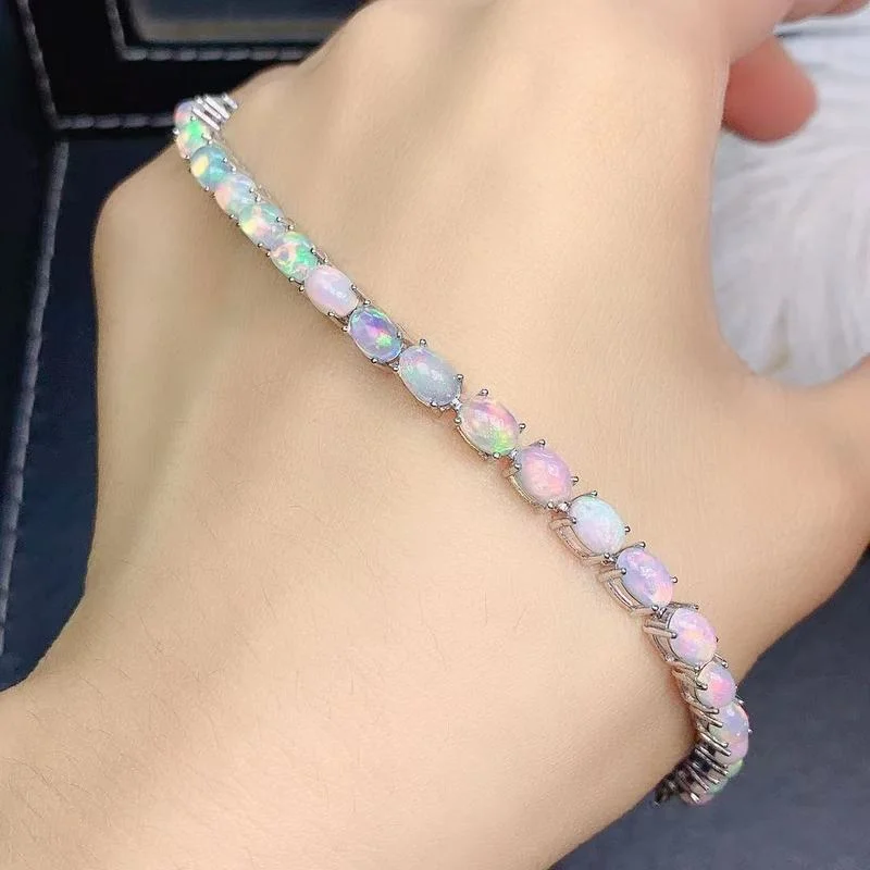 Jewelry Natural Opal Bracelet for Daily Wear  4*6mm Opal 925 Silver Opal Silver Bracelet 925 Silver Opal Jewelry