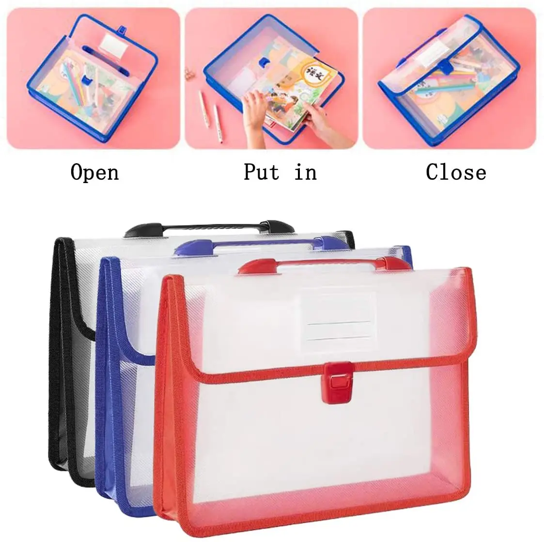 A4 Popper Wallet Plastic Folder Poly Pockets Envelope, Waterproof Expanding Document File Folders with Button & Portable Handle