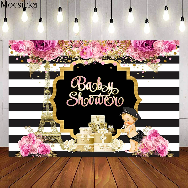 Mocsicka Black White Stripes Birthday Backdrop Floral Eiffel Tower Photography Background Child Party Decorate Props Baby Shower