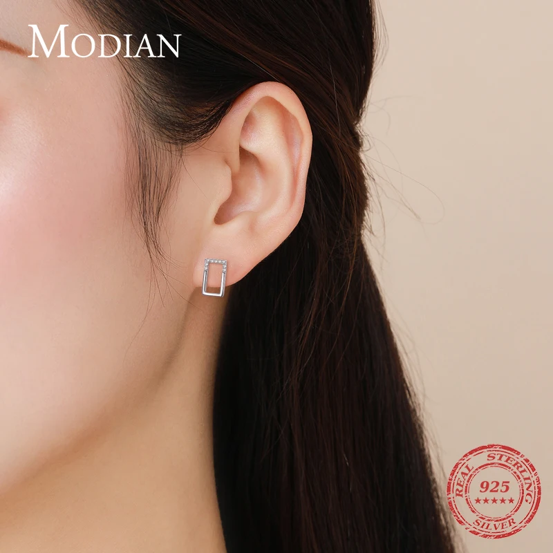 Modian Genuine 925 Sterling Silver Geometric Earrings for Women Simple Rectangle For Women Wedding Anniversary Fine Jewelry