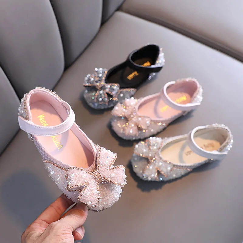 Girls Bow Leather Shoes Princess Sequin Rhinestone Children Dance Shoes Spring Autumn Kids Soft Single Shoes G47