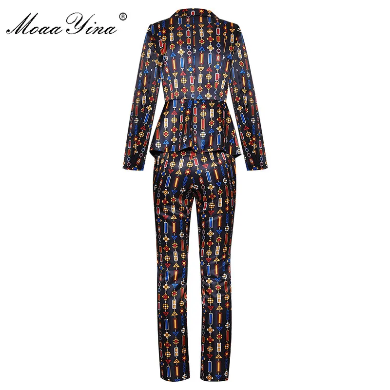 MoaaYina Fashion Designer Suit Autumn Winter Women Long sleeve Stripe Print Suit Tops+Trousers Two-piece set