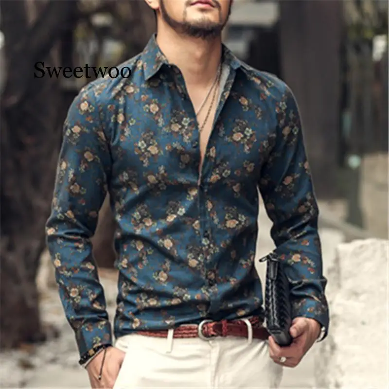 

Autumn new fashion flower printed long sleeve shirts men male slim flower shirt vintage Linen Casual Men Shirt