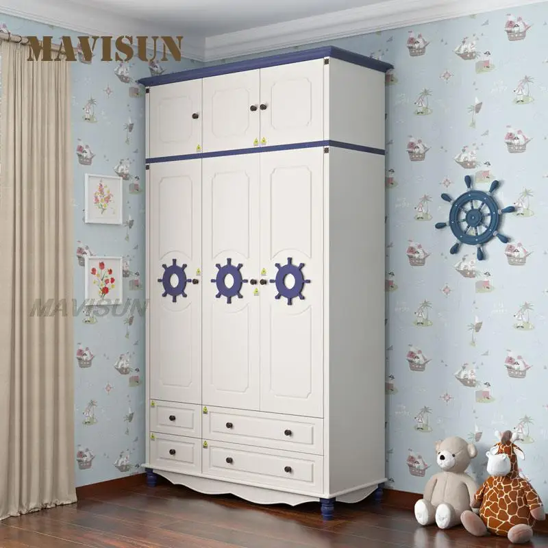 Mediterranean Two Three Four Five Door Wardrobe With Drawers Big Wardrobe Cabinet Storage Children\'s Suite Furniture Combination