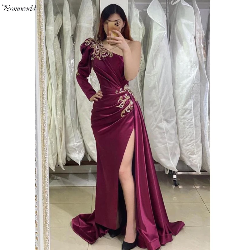 

Luxury Burgundy Mermaid Party Dresses Women Evening Prom With Sleeves Sexy Slit Satin Beaded Formal Dress Vestidos De Fiesta