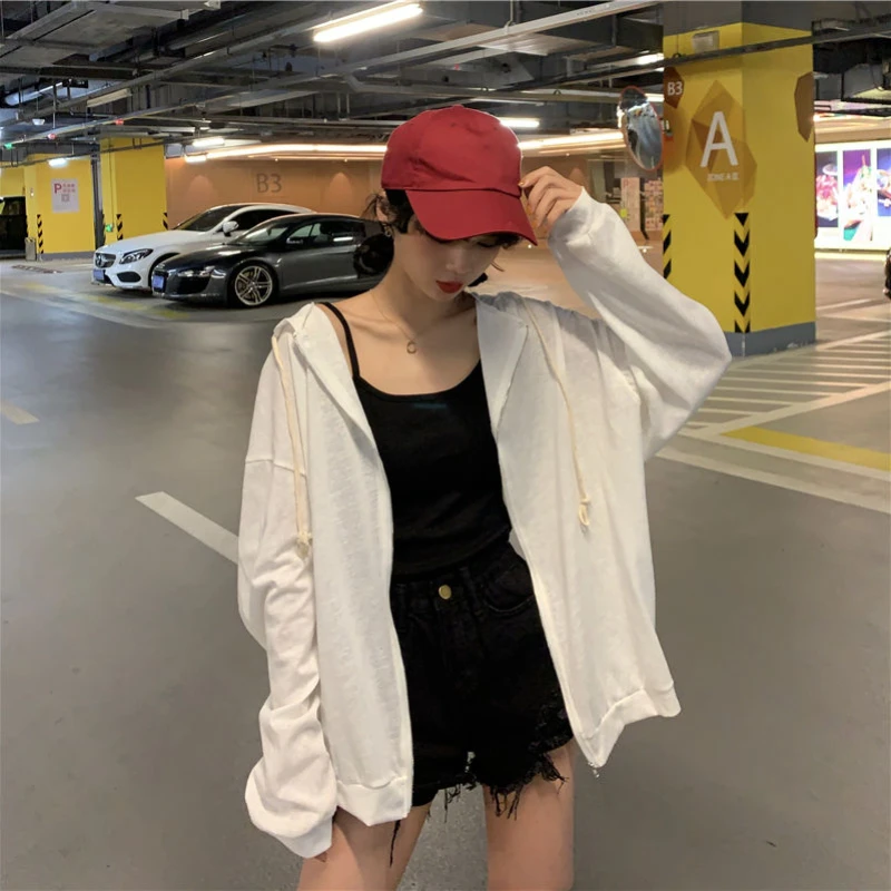 Dames Basic Jassen Effen Los Zomer Dun Uitloper Zonbestendig Capuchon Rits All-match Studenten Streetwear Tops Koreaanse stijl Chic