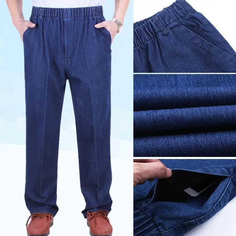 Pantalon en jean droit pour hommes, vêtements de travail en plein air durables, taille élastique, décontracté, jambes larges, épais, en coton, Denim, classique, ample, papa