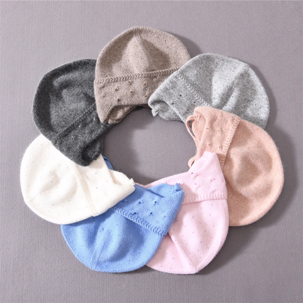 Kids Earflap Beanie Boys Girls Winter Cute Cashmere Wool Knitted Hat with Rhinestone Warm Baby Children Beanies Cap Outdoor