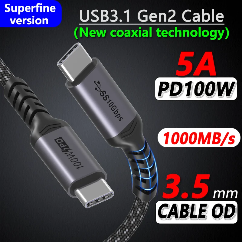 Coaxial Soft Slim USB C 3.1 Gen2 Type-C Data Cable PD100W 5A 4K60Hz 10Gbps Fast Charger Cable Samsung Xiaomi Ipad Macbook Pro