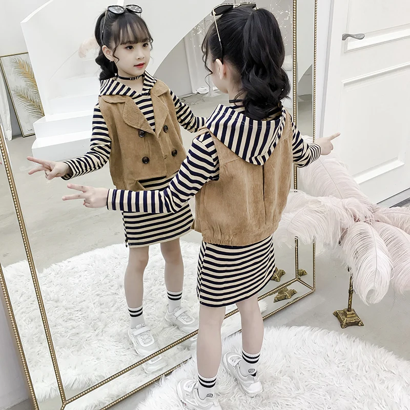 

Girls Autumn Dresses Suit New Kids Classic Stripe Long Sleeve Hoodies Dress + Vest Coat 2 Pcs Children's Clothes Twinset P155