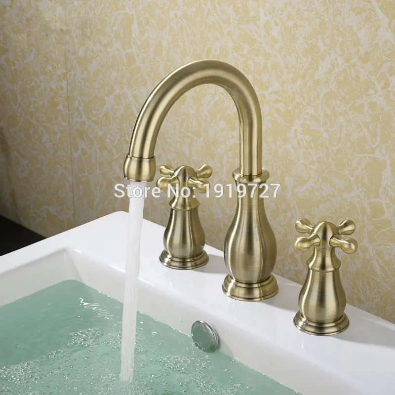 

Vidric High Quality 100% Solid Brass 2 Cross Handle Widespread Three Holes 3 Piece Bathroom Sink Faucet Deck Mount Vanity Mixer