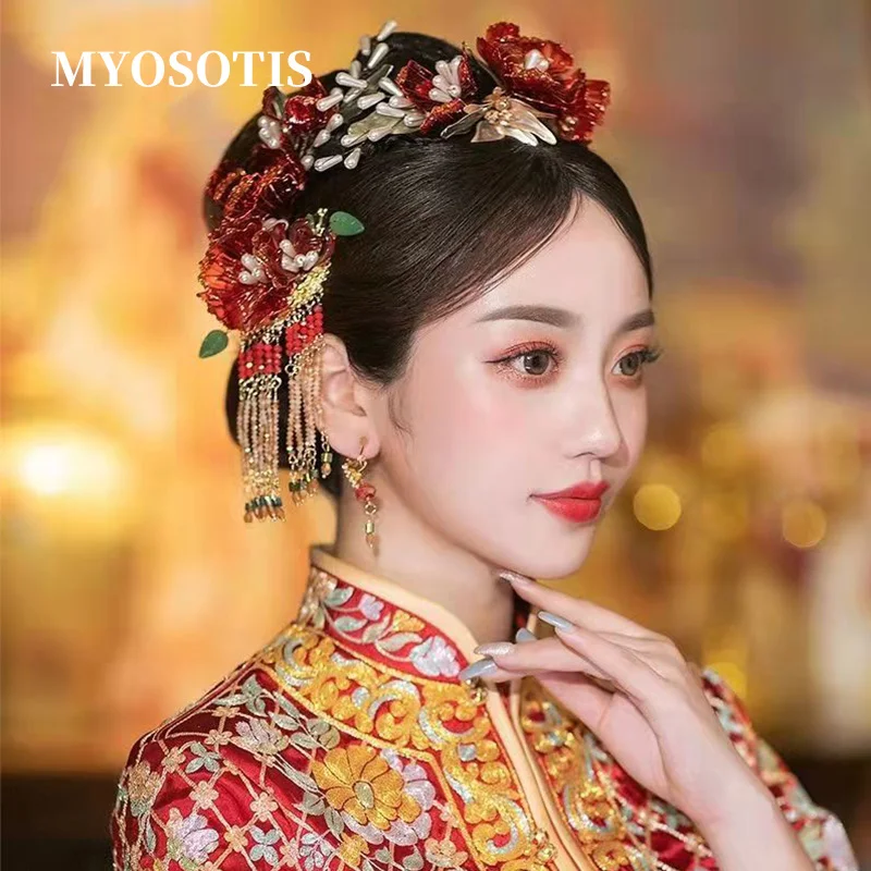 

Red Traditional Flower Hair Accessories Wedding Hair Pins Chinese Brides Headpiece Crystal Head Jewelry