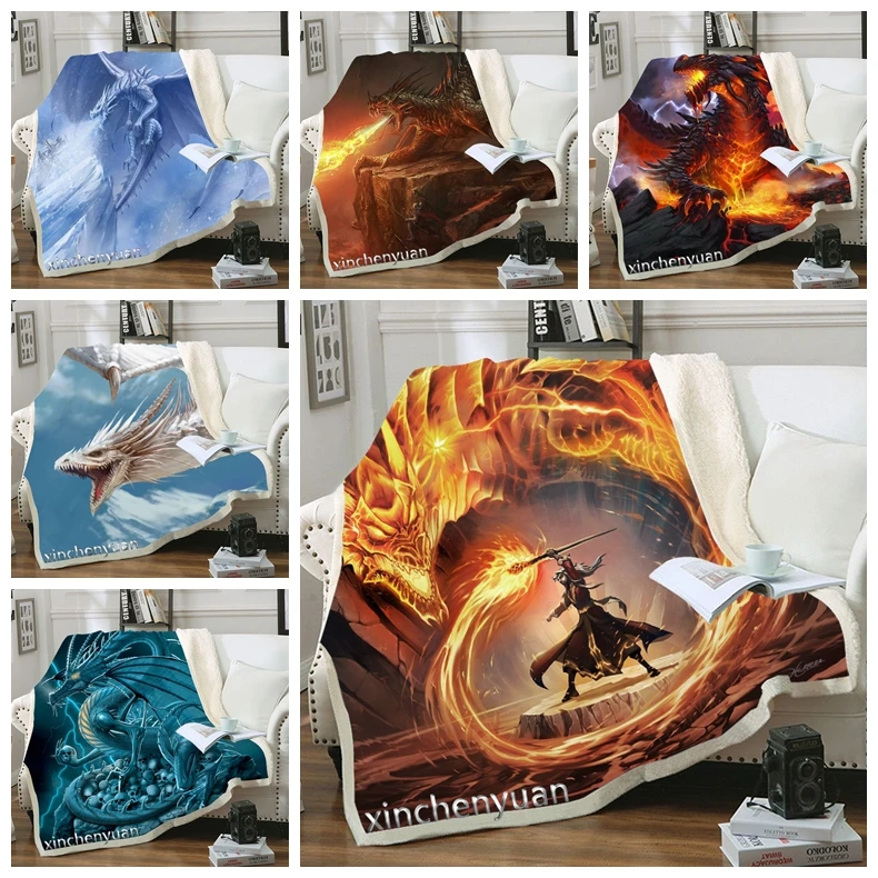 

phechion Dragon Art 3D Printing Plush Fleece Blanket Adult Fashion Quilts Home Office Casual Kids Girls Sherpa Blanket B11