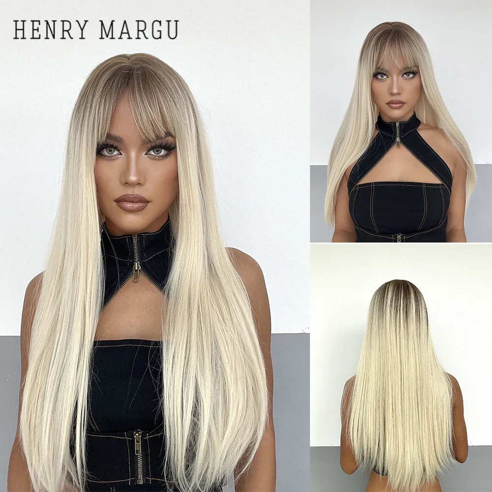 HENRY MARGU Lange Silk Gerade Synthetische Perücken Ombre Platin Blonde Weiße Perücke mit Pony für Frauen Cosplay Partei Hitzebeständige