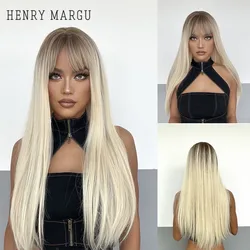 HENRY MARGU – perruque synthétique lisse en soie, longue, ombrée, Blonde platine, blanche, avec frange, pour femmes, Cosplay, fête, résistante à la chaleur