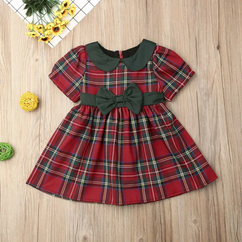 Baby Girls Cute Christmas Dress Double Bow Plaid Party Dresses For Girls Toddler Kids Princess Short Sleeve Girls Vestido