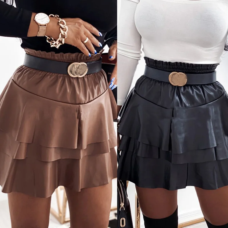 

New Elegant PU Leather Skirt Women 2021 Spring Mini Short Skirt Ruffles High Waist Sexy Skirt Black Pleated Skirt A-Line Skirt