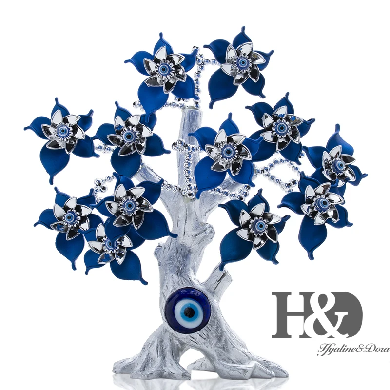 

H&D Fengshui Blue Evil Eye Flower Tree Figurine Money Fortune Tree For Protection Wealth Good Luck Xmas Gift Home Decor Resin