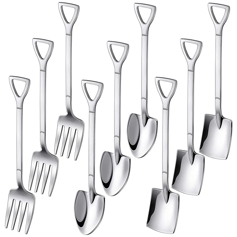 9 Pieces Shovel Spoon Fork Shovel Coffee Spoon Shovel Handle Dessert Spoon Ice Cream Spoon Shovel Shape Fork Fruit Fork