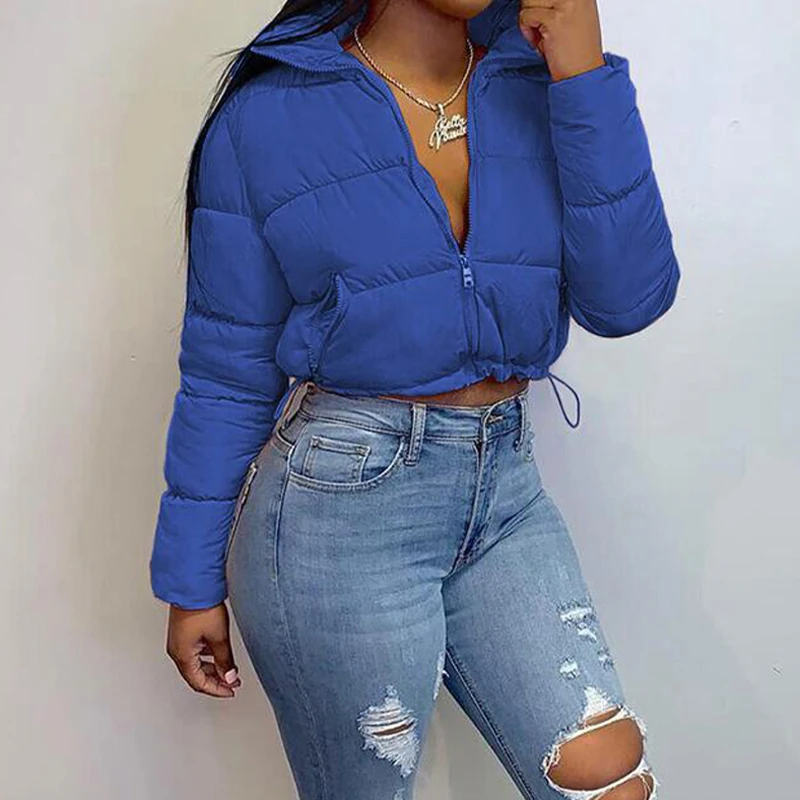 

Cropped Puffer Jacket Women Oversize Winter Outerwear Plus Size Cotton Padded Warm Parka Casual Loose Stand Collar Zip Up Jacket