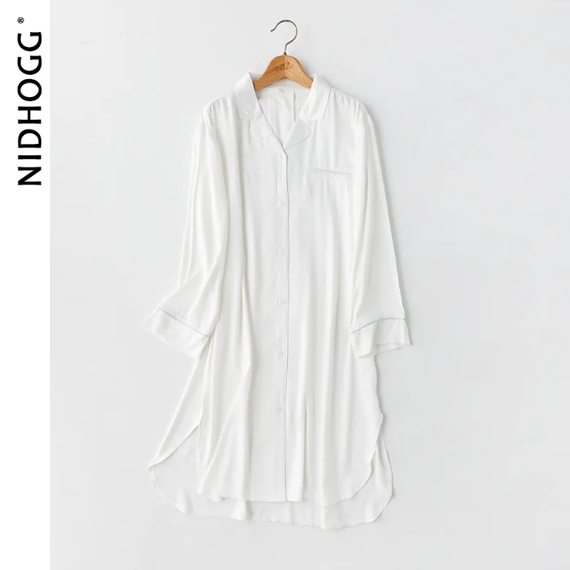 2020 Summer Autumn Nightgowns for Women Long-sleeved Satin Sleepwear Pocket Sleep Dress Solid Viscose Sleep Tops Home Night Wear