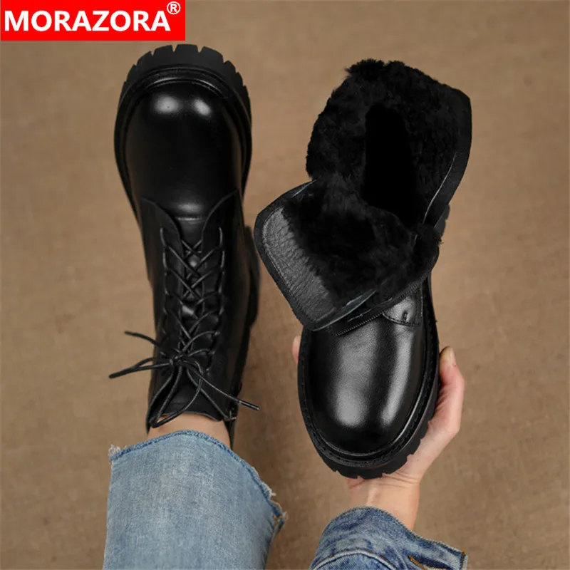 

MORAZORA 2022 Newest Wool Snow Boots Women Genuine Leather Shoes Cross Tied Zip Low Heels Casual Shoes Women Ankle Boots