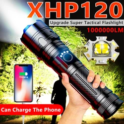 Recarregável XHP120 lanterna LED, USB tocha luz, mais poderoso, tático lâmpada brilhante, lâmpada zoom à prova d'água, 1000000LM, XHP50