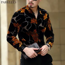 Camisa floral de renda bordada a ouro masculina, camisa vestido masculino, transparente, sexy, de alta qualidade, social, marca de luxo, 2023