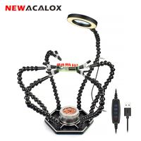 NEWACALOX Soldering Helping Hands Third Hand Soldering PCB Holder Tool with USB Flashlight Magnifying Glass Welding Station Tool