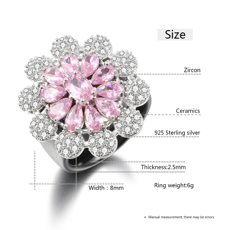 S925 Sterling Silver Delicate Zircon Crystal Crystal Flower Ring for Women Ladies Girls Never Fade Ceramic Rings Finger Bague