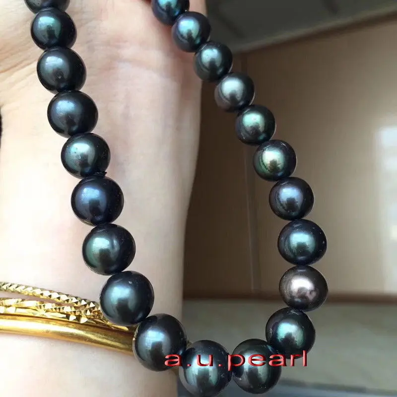 

AAA 18 inch 9-10mm Natural REAL ROUND TAHITIAN black pearl necklace