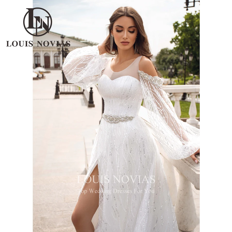 LOUIS NOVIAS a-line abito da sposa 2022 Sexy Scoop lucido paillettes manica a sbuffo perline telai spiaggia Lace Up Vestidos De Novia