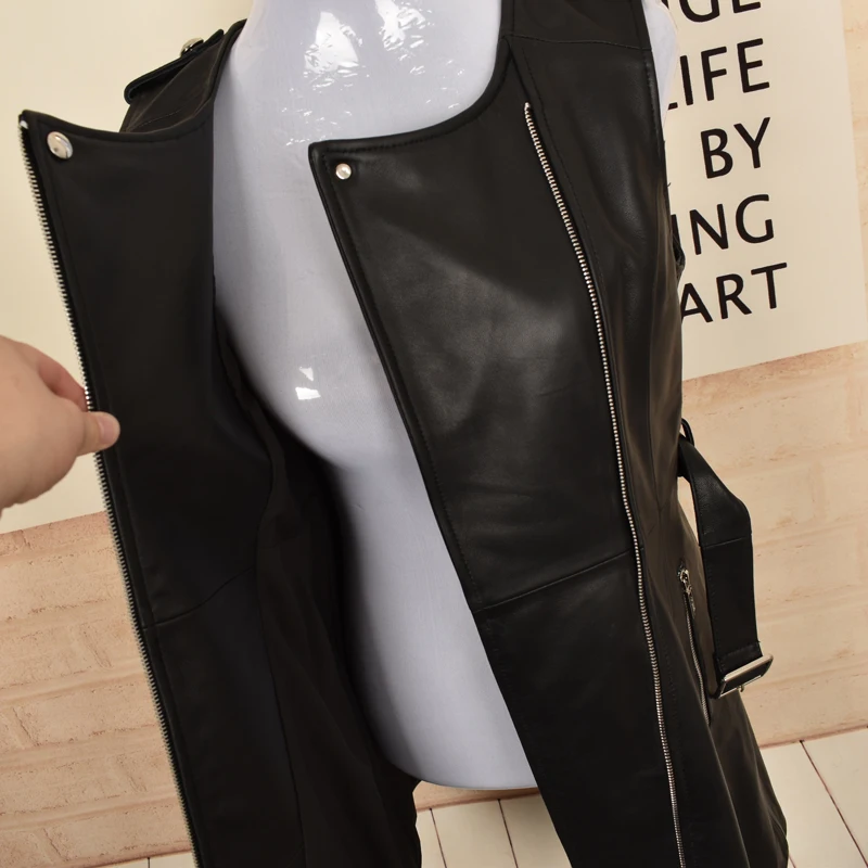 Women O-Neck Genuine Leather Dress Spring Autumn New Biker Sheepskin Short Dress Punk Style Sashes Zipper Sleeveless Tank Dress