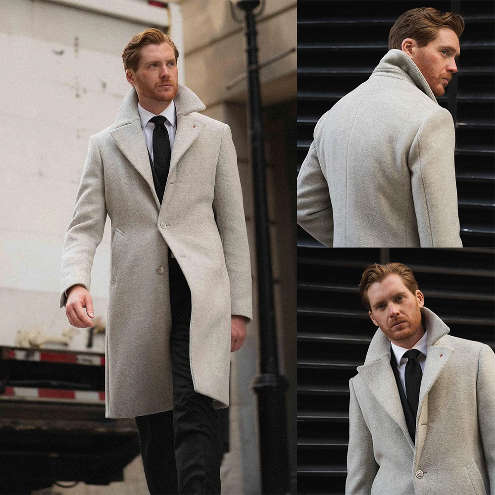 

Handsome Men Woolen Coat Winter Solid Single-Breasted V-Neck Long Length Jacket Casual England Style Overcoat