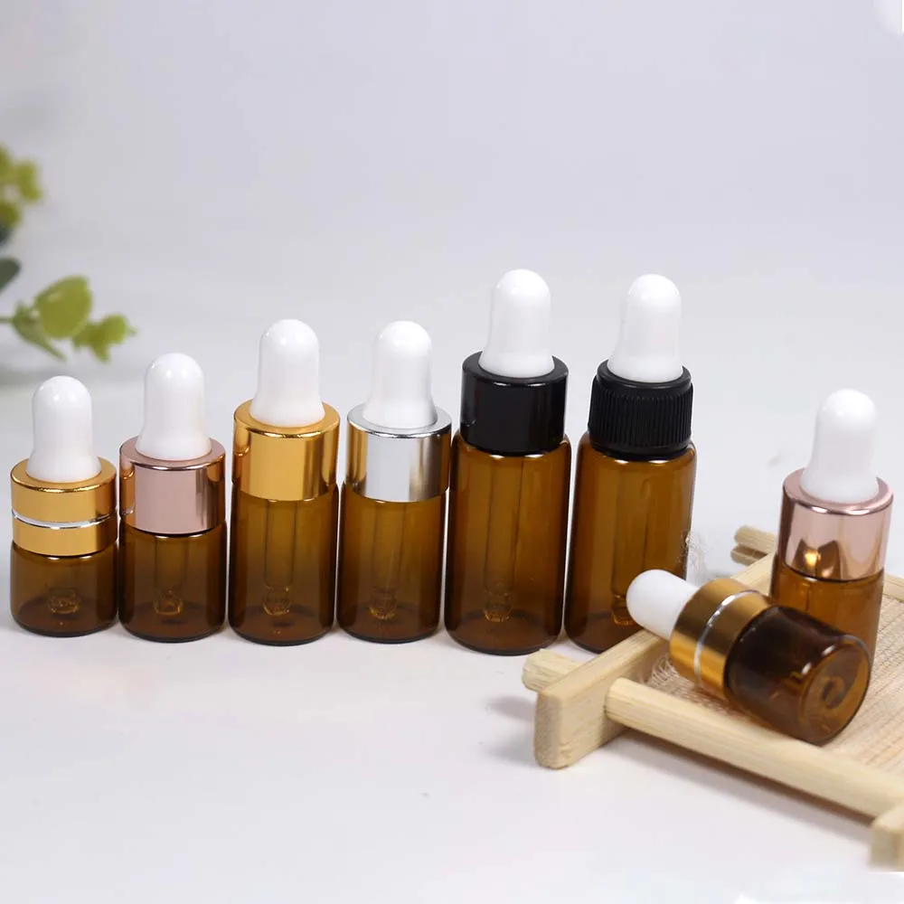 50pcs Mini glass Brown and transparent essential oil bottle with silve ,rose gold cap 1ml,2ml,3ml,5ml