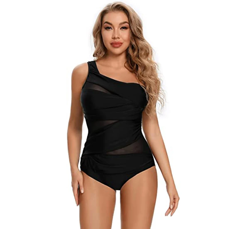 2024 New One Shoulder Swimwear Women Mesh Tummy Control Push Up One Piece Swimsuit Bodysuit Solid Bathing Suits Plus Size Bikini