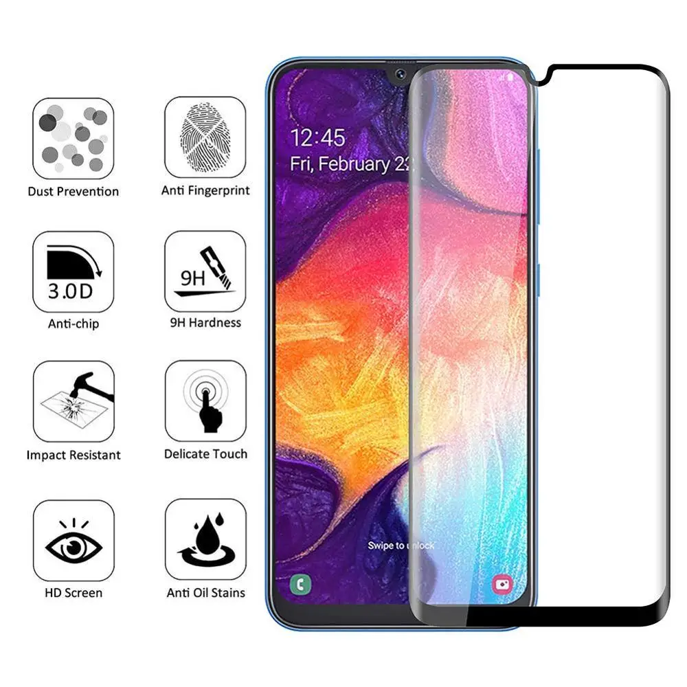 2 Buah Penuh Tempered Glass untuk Samsung Galaxy A50 A50S 6.4 "Layar Pelindung 3D Melengkung 9H Film Pelindung SM-A505F/DS SM-A505FN