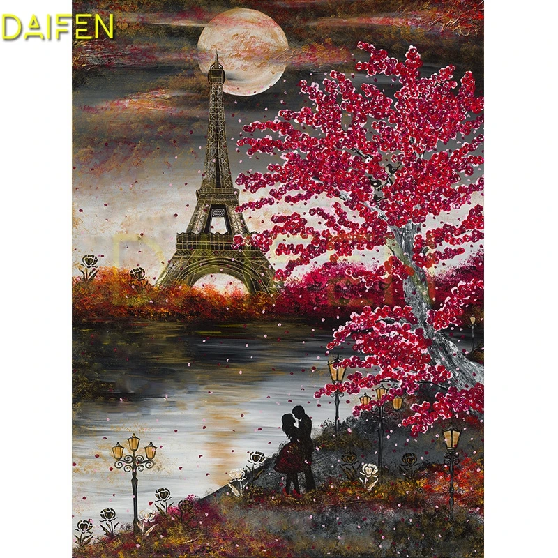 Full Round Diamond mosaic River couple Full Square Diamond embroidery Cross stitch Tower moon tulip DIY 3D Diamond painting rose