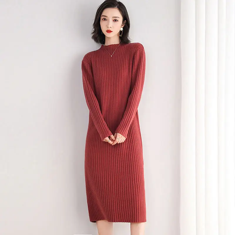 Female Winter Thicken Knitted Dress Women O-Neck Midi Sweater Skater Long Dresses Lady Elegant Loose Pullover Sweater Dresses