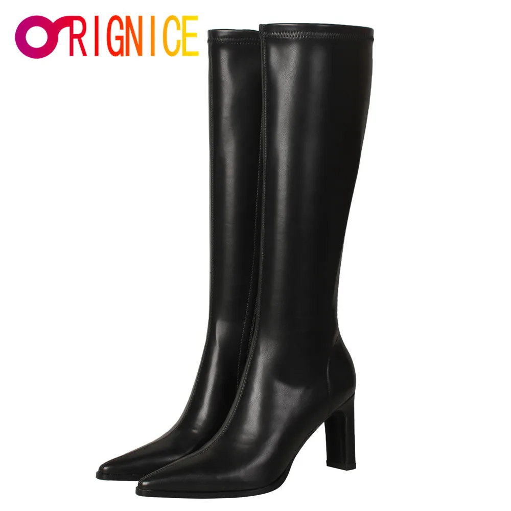 

Orignice Classic Style Pointed Toe Riding Knee High Boots Autumn Women Block High Heel PU Leather Zipper Black White Dress Shoes