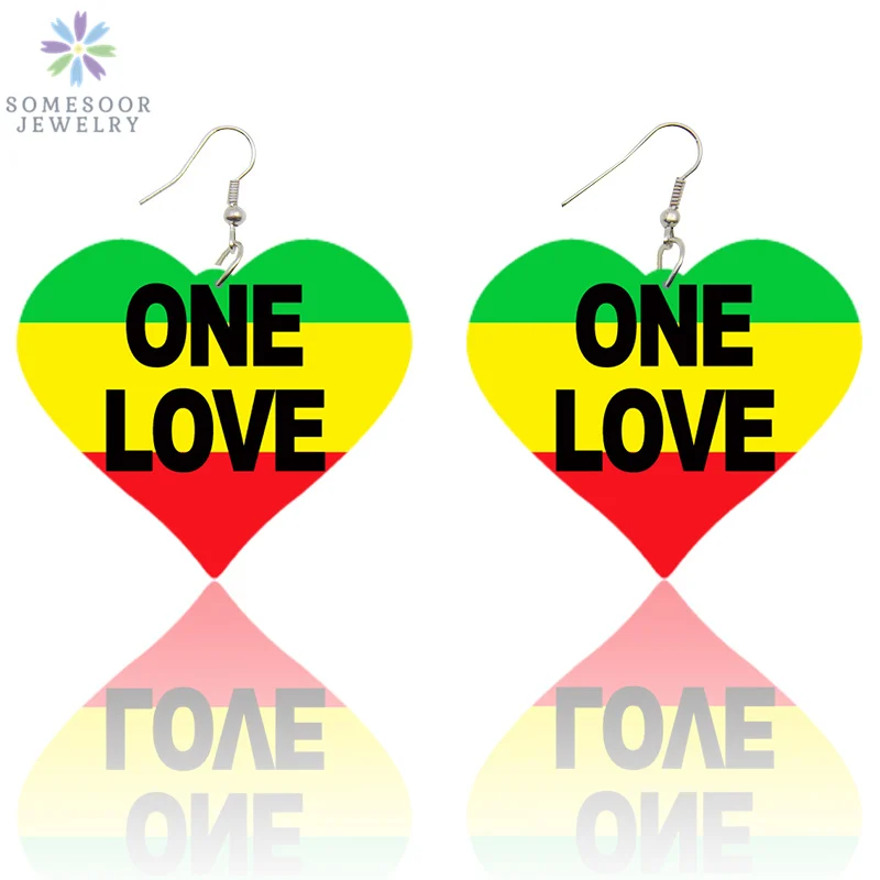 SOMESOOR One Love United African Colors Big Heart Wooden Drop Earrings Both Sides Print AFRO Wood Pendant Dangle For Women Gift