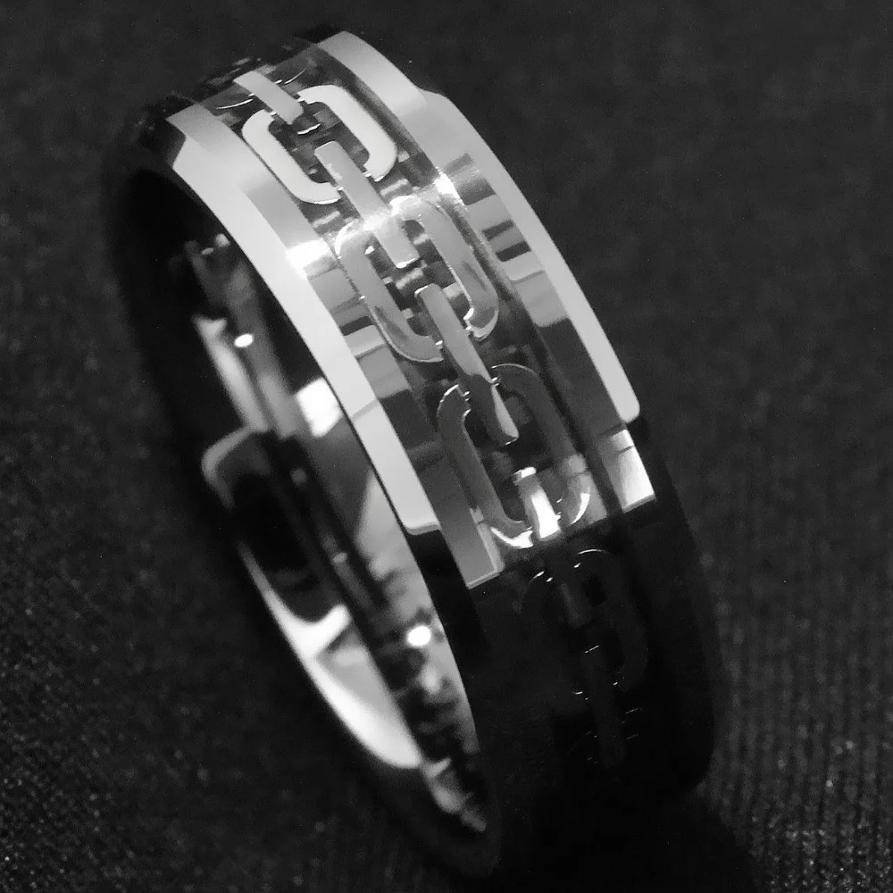 8mm Men Rings Tungsten Carbide Ring Silver Color Chain Center Anniversary Wedding Band Men Fashion Jewelry