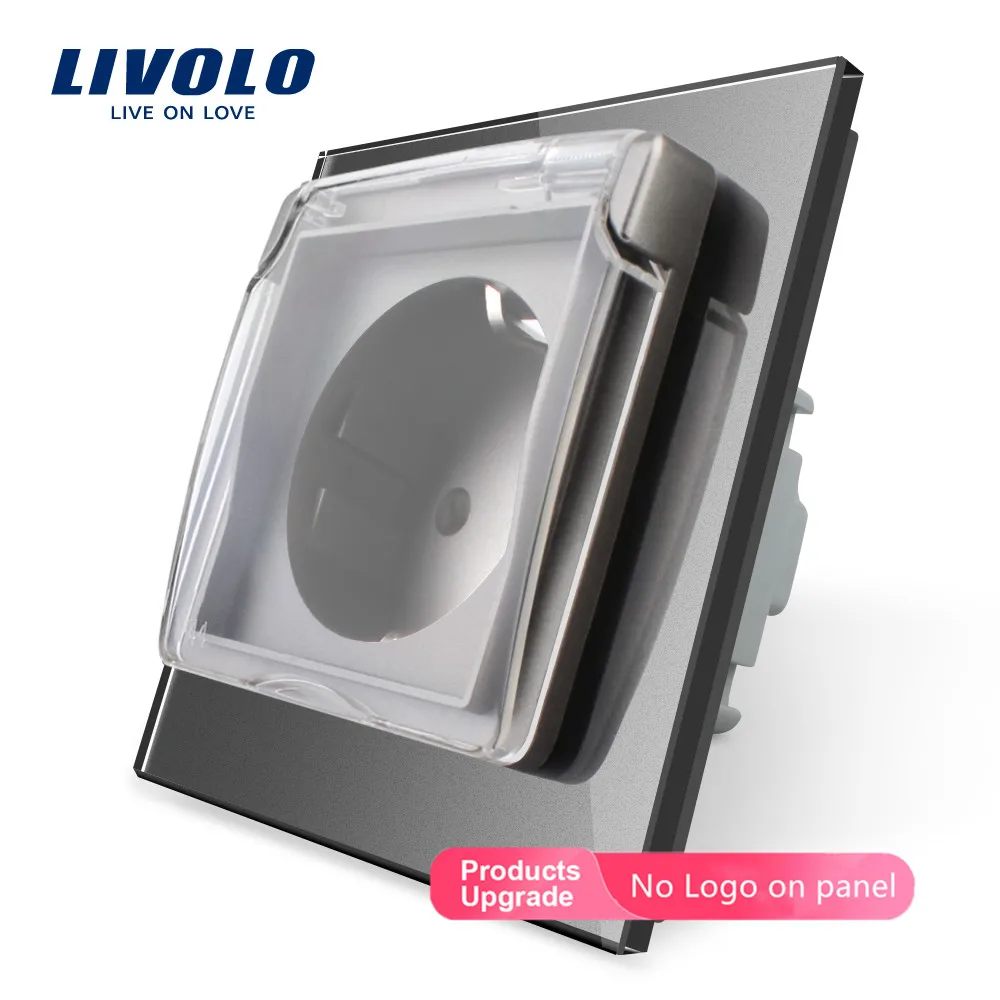 Livolo EU Standard Waterproof Power Socket with 2 Pins ,Glass Panel,Wall Socket, AC110~250V 16A Wall Plug with Waterproof Cover