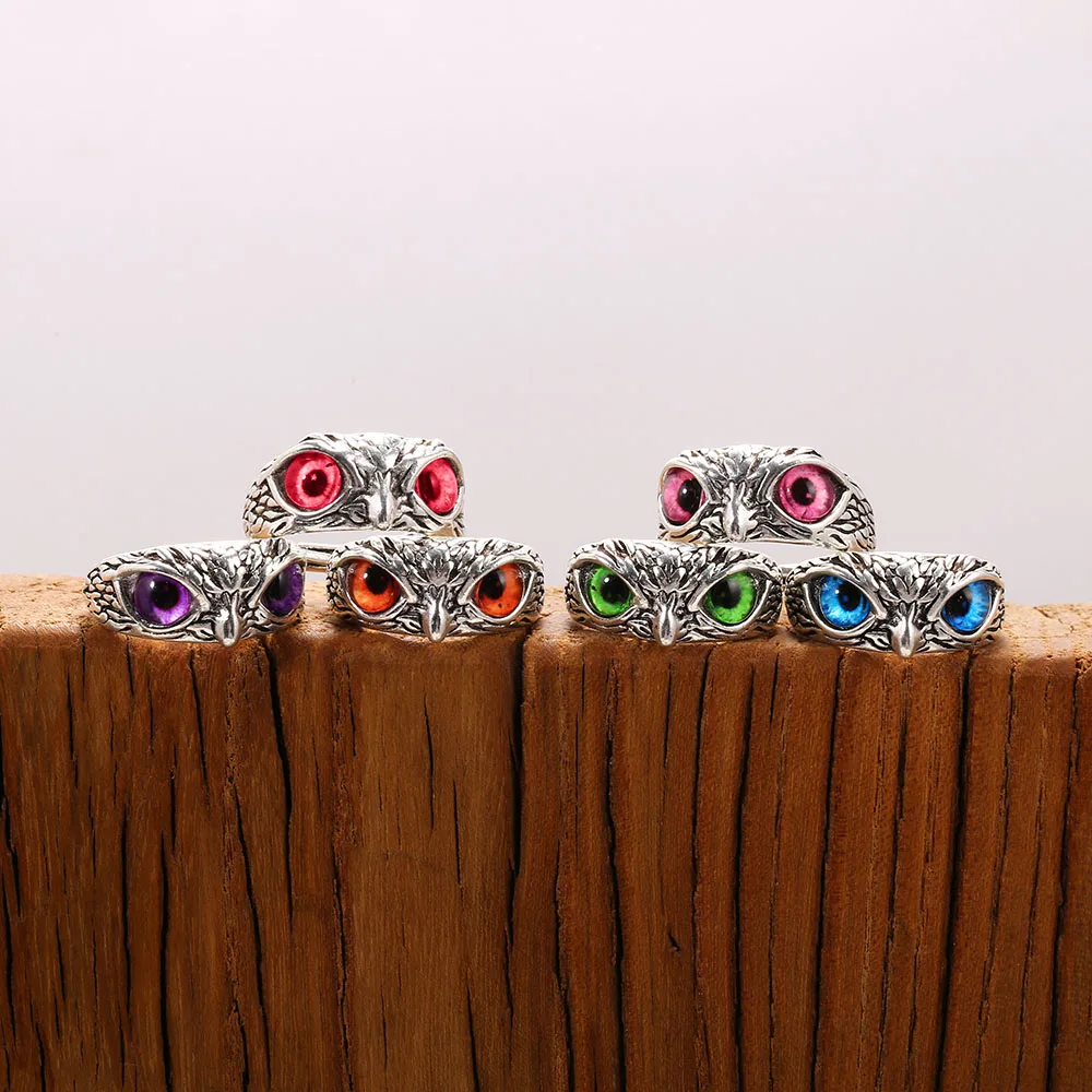 Charming Fashion Cute Little Owl Lovers Ring Creative Jewelry Vintage Multicolor Eyes For Women Man Couples Best Feeling Gift