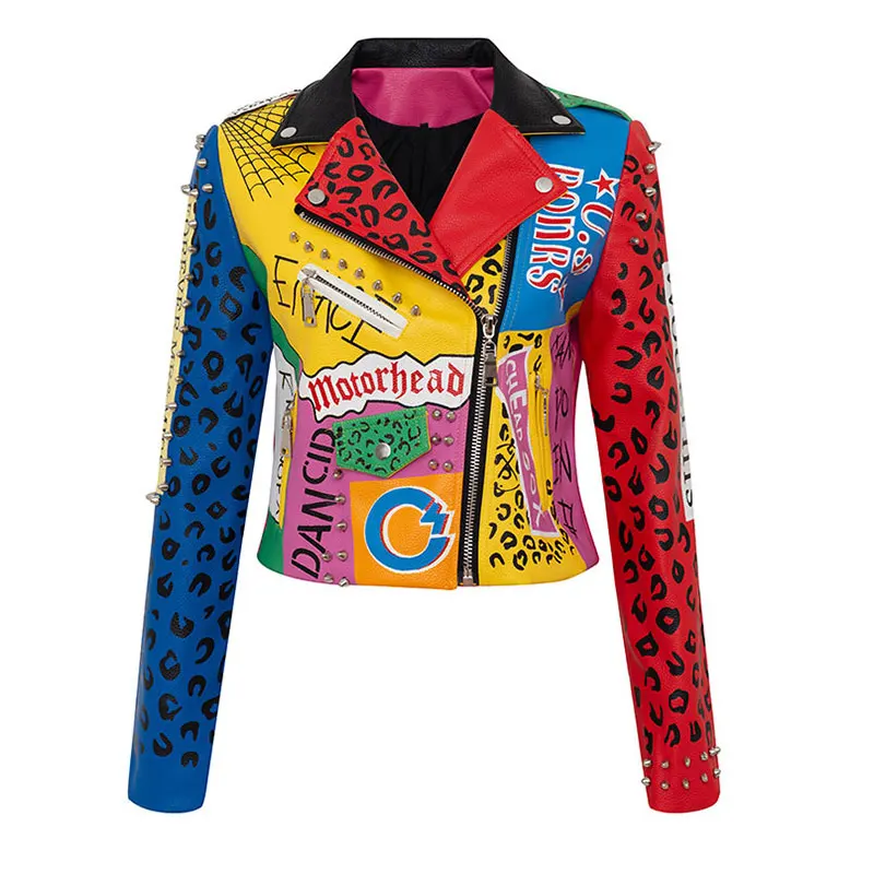 Women Colorful Graffiti Leather Jacket，Punk Rock Rivet Unique Motorcycle Coats and Jackets Letters Printing