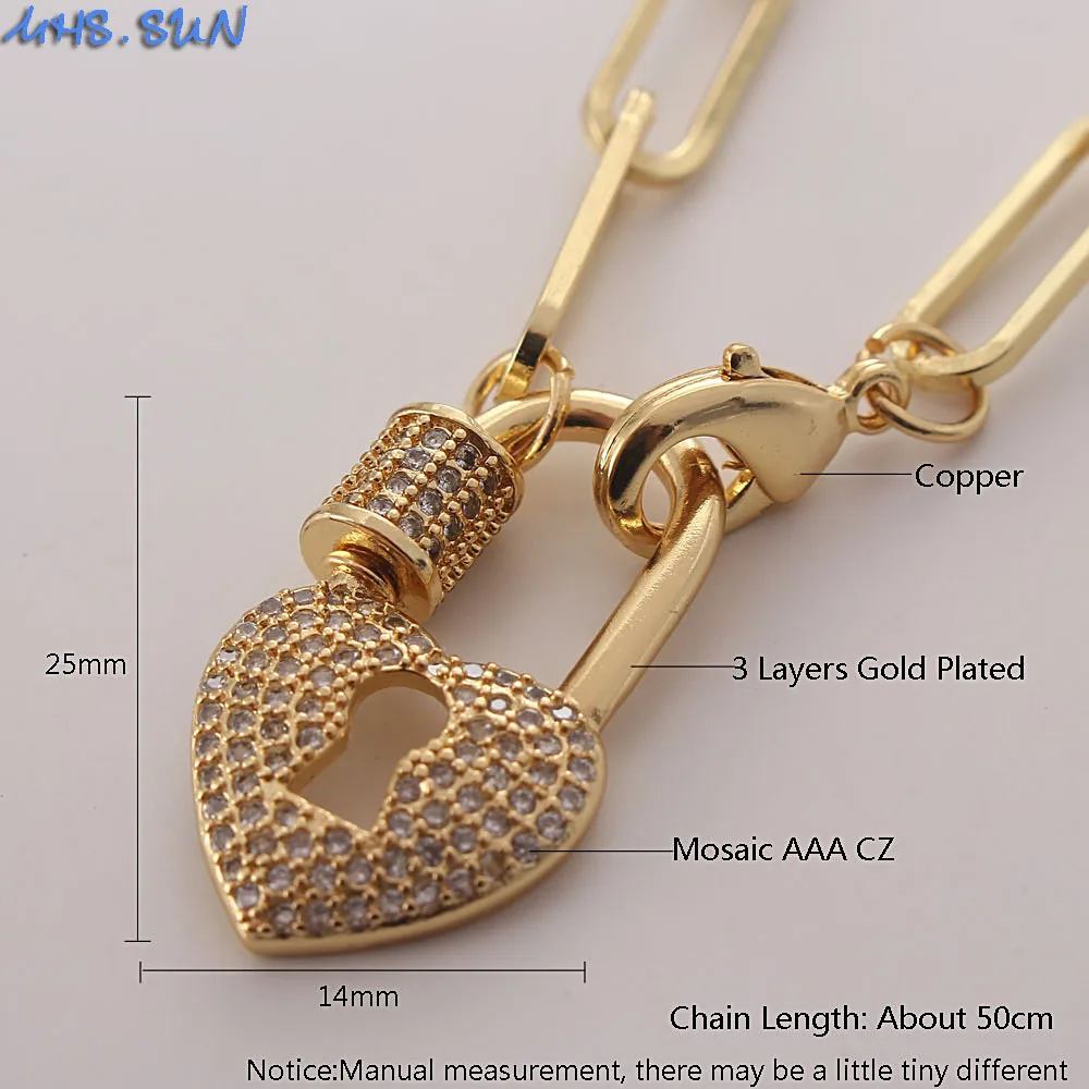 MHS.SUN Creative Can Open Heart Lock Pendant Necklace Fashion Cubic Zirconia Padlock Charm Women Jewelry Chunky Chain Choker