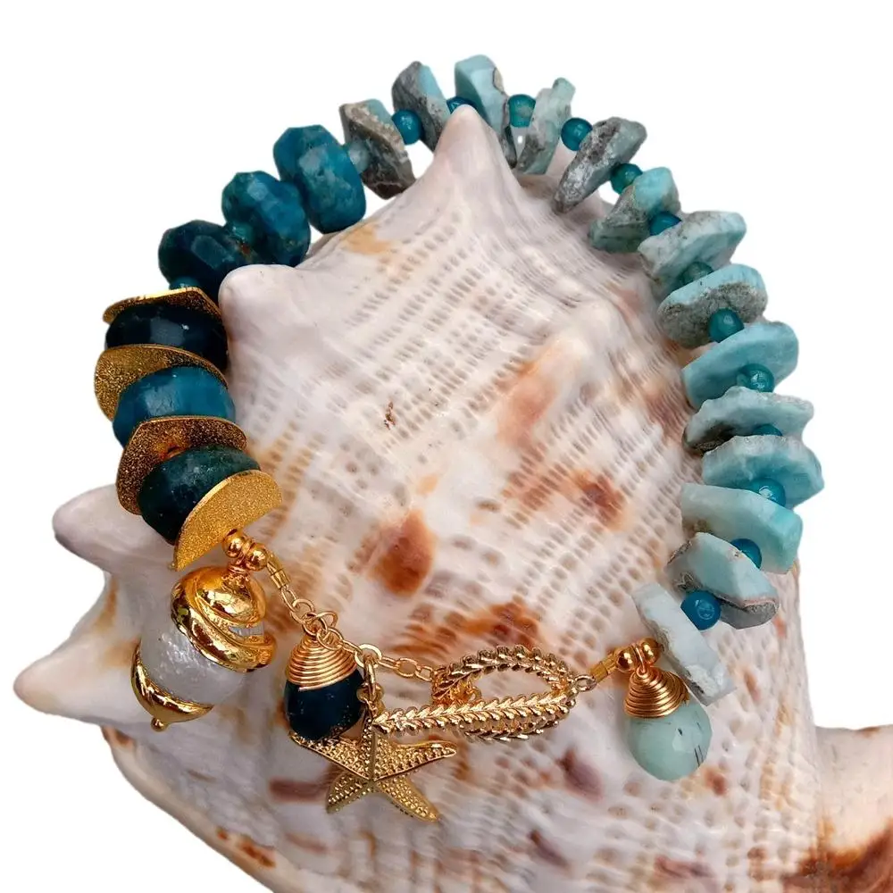 KKGEM كيشي لؤلؤة مطلية بالذهب حلية Seastar 9 "الطبيعية الأزرق لاريمار شريحة الخام سوار الأباتيت Rondelle تبديل المشبك