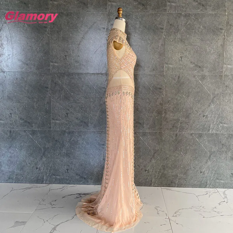 Sexy Meerjungfrau Prom 2020 Licht Gold High Neck Ärmel Schweren Friesen vestido de festa Formale Partei Kleid