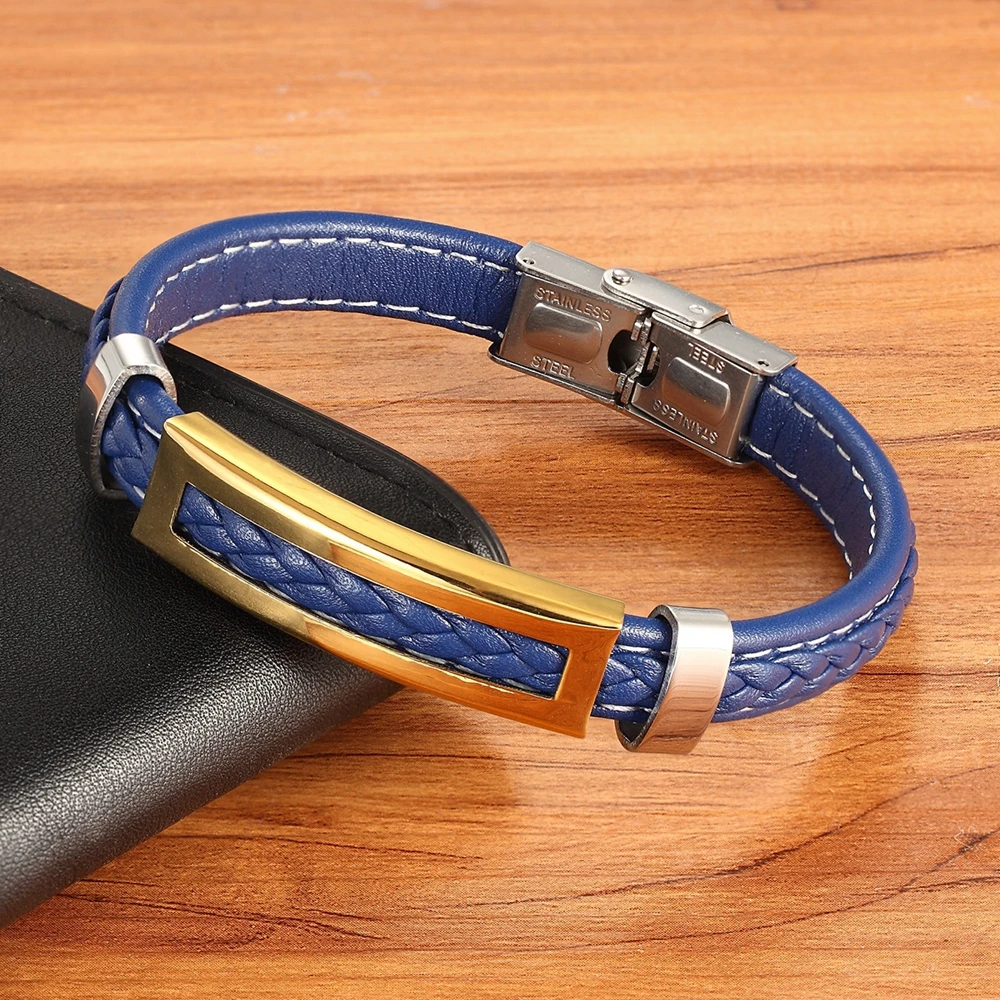 XQNI Stainless Steel Accessories Multi-color Rectangular Combination Blue Leather Classic Men\'s Bracelet Commemorative Gift