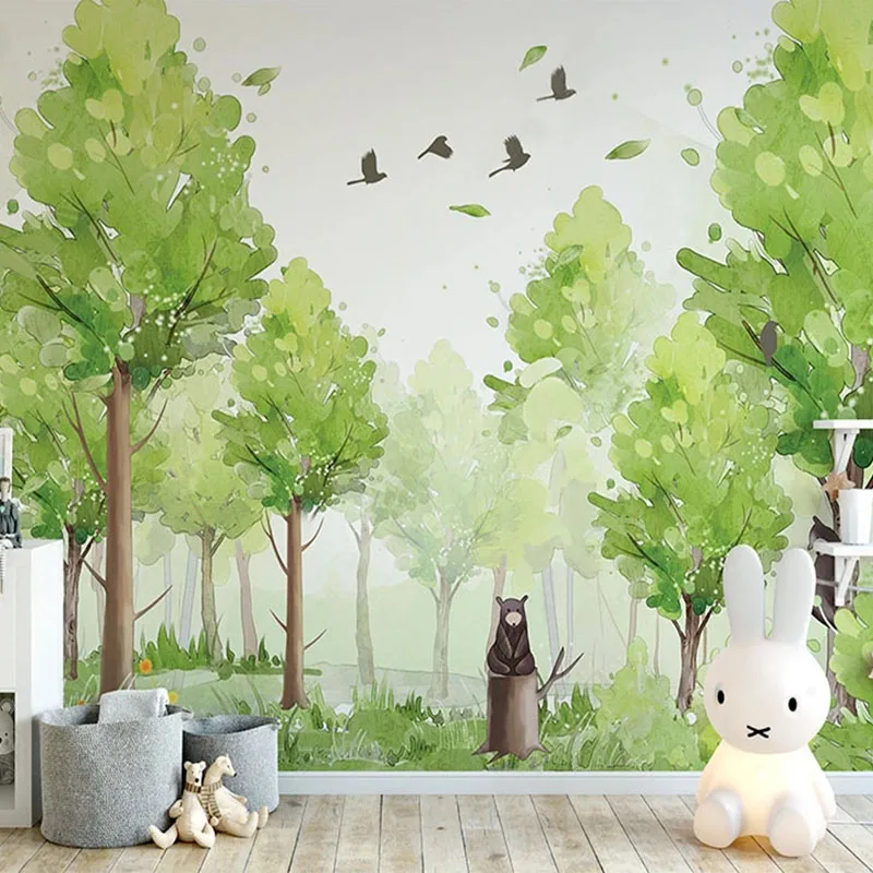 Custom Mural Wallpaper 3D Hand Painted Forest Green Tree Bird Cartoon Bear Wall Painting Children's Bedroom Kindergarten Fresco